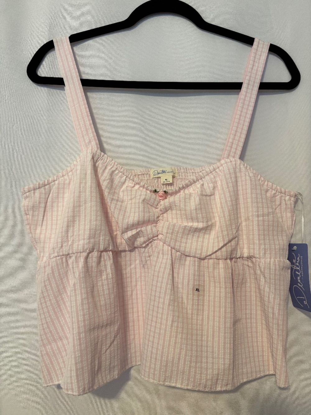 Coquette Pink Gingham Seersucker Babydoll Tank Top Bow Front NWT XL